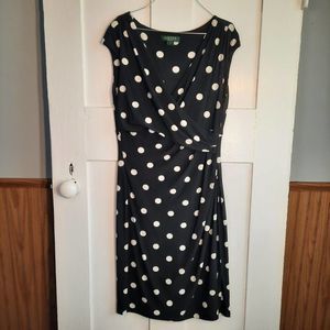 RALPH LAUREN Black White Surplice Polka-dot Cap Sleeve Dress sz8